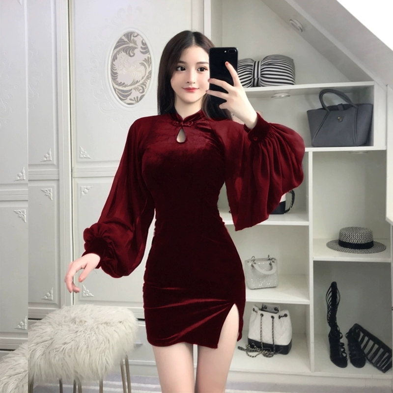 2020 váy mới của phụ nữ đèn lồng voan dài tay cải tiến sườn xám eo thon eo eo rượu vang đỏ - Váy eo cao