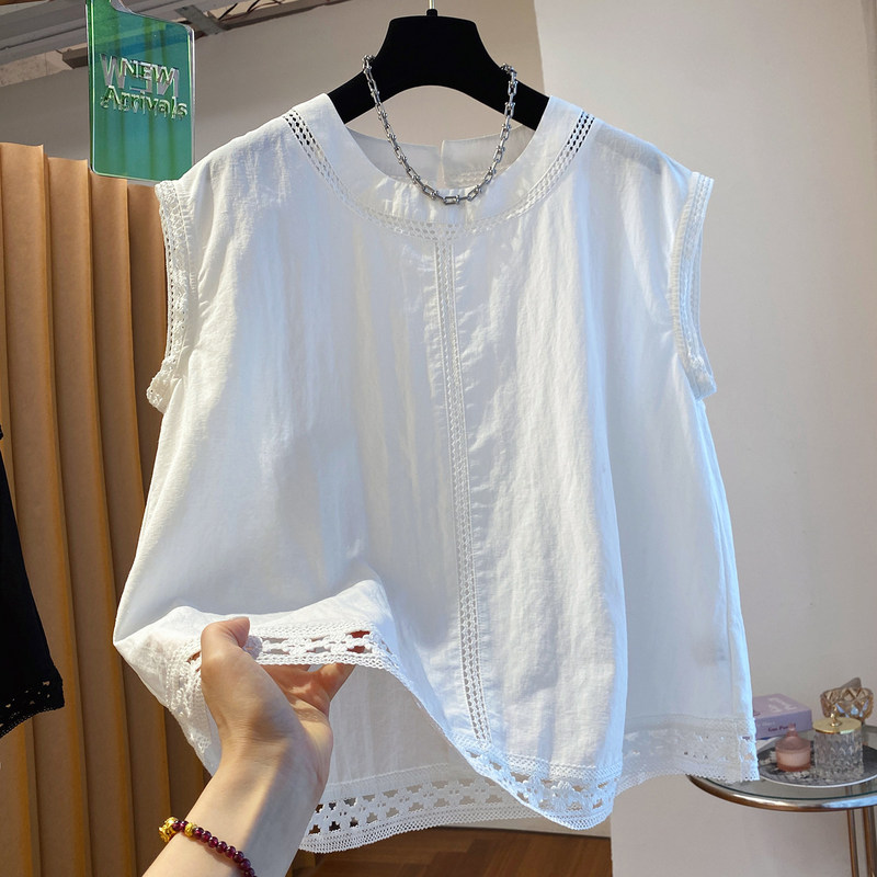White Hollow Lace Sleeveless Shirt Vest for Women, Summer Thin Style, 2026 New Loose Casual Top White Hollow Lace Sleeveless Shirt Vest for Women, Summer Thin Style, 2026 New Loose Casual Top