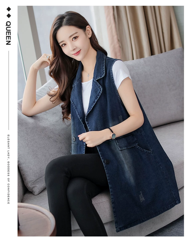 Chất béo MM thời trang kích thước lớn nữ vest nữ 2018 new denim vest mùa xuân và mùa thu mới dài vest áo khoác