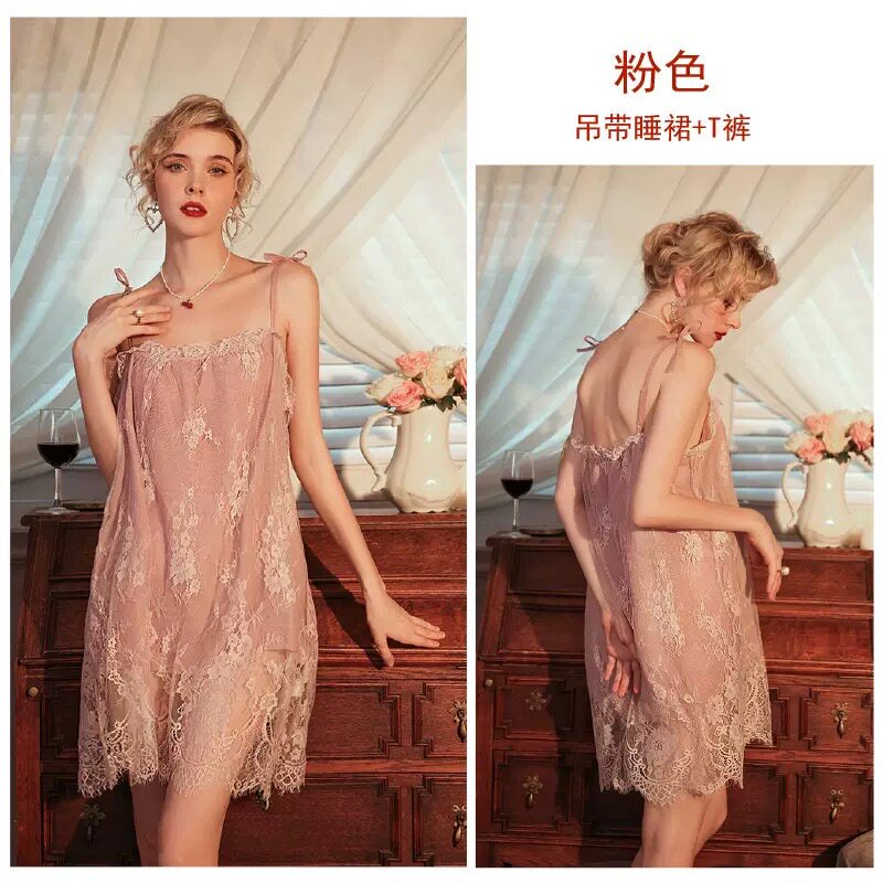 Plus-Size Pure Desire Style Mesh Lace V-Neck Camisole Nightgown New Romantic Sweet Short Dress Sleepwear Loungewear