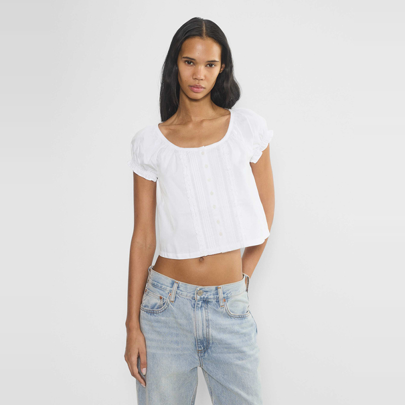 Official Website Genuine Aritzia Thin Cotton and Linen Top Casual French Sweet Lace Splicing Puff Sleeve Short Shirt