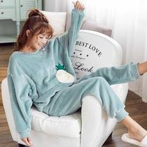 Pajamas female winter coral velvet thickened warm autumn winter Korean students cute long sleeve flannel home suit