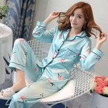 Pajamas womens spring and autumn ice silk long sleeves Korean two-piece set can be worn outside sexy spring and summer plus fat home clothes