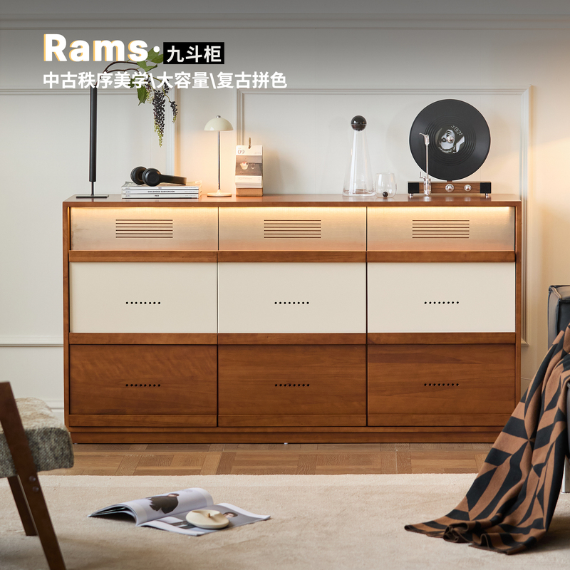 Xingmu Antique-Style Solid Wood Nine-Drawer Cabinet, Vintage Color-Blocking Multi-Drawer Storage Cabinet, Side Cabinet for Living Room and Bedroom Storage Xingmu Antique-Style Solid Wood Nine-Drawer Cabinet, Vintage Color-Blocking Multi-Drawer Storage Cabinet, Side Cabinet for Living Room and Bedroom Storage