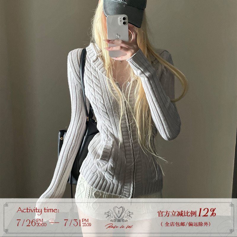 Rase Le Sol'Misty Morning' Gray Cable Knit Hooded Sweater Cardigan Slim-Fit Knit Jacket Rase Le Sol'Misty Morning' Gray Cable Knit Hooded Sweater Cardigan Slim-Fit Knit Jacket