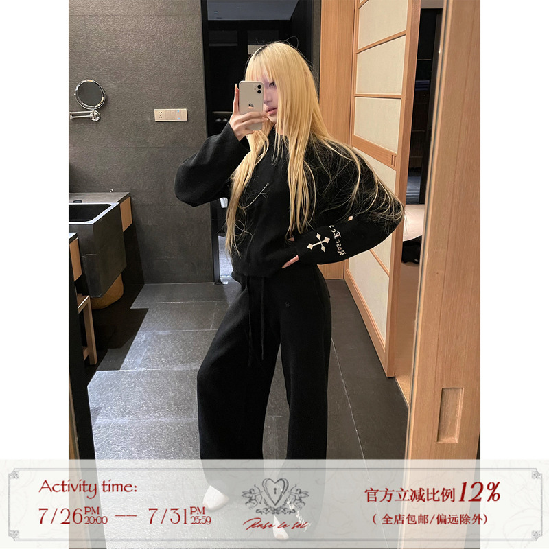 Rase Le Sol'Cross Covenant' Cross Jacquard Black Sweater and Knitted Wide-Leg Pants Set Rase Le Sol'Cross Covenant' Cross Jacquard Black Sweater and Knitted Wide-Leg Pants Set