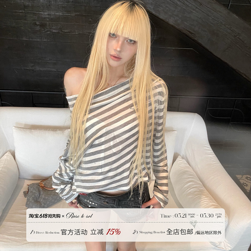 Rase Le Sol'Cross Melody' Striped Off-Shoulder Top Loose Casual Blouse Long-Sleeve T-Shirt Rase Le Sol'Cross Melody' Striped Off-Shoulder Top Loose Casual Blouse Long-Sleeve T-Shirt