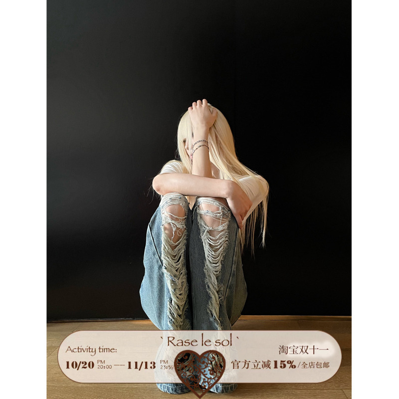 Rase Le Sol'Rebel Street' American Retro Ripped Jeans Low-Rise Straight-Leg Bootcut Pants Rase Le Sol'Rebel Street' American Retro Ripped Jeans Low-Rise Straight-Leg Bootcut Pants