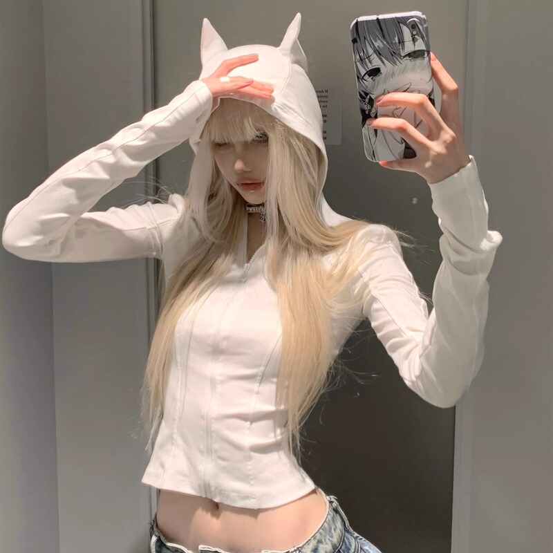 Rase Le Sol'Devil's Horn' Devil Horn Hooded T-Shirt Slim Fit Waist-Cinching Short Long-Sleeved Top