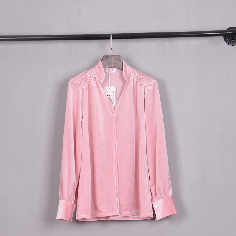 Pink Velvet V collar coat spring clothing 2022 new gold velvet long sleeved shirt famous temperament is thin chic