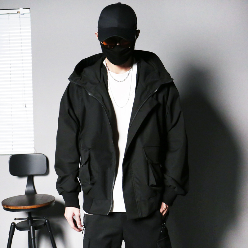 Spring and Autumn Men's Trendy Short Korean-Style Hip-Hop Handsome Loose Workwear Top Hooded Flight Jacket