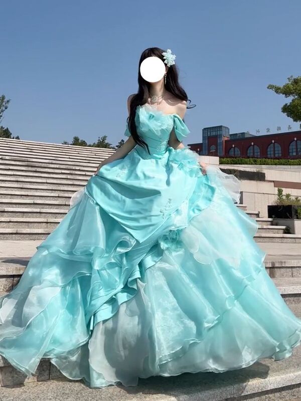 Stunning Blue One-Shoulder Evening Gown with Intricate Craftsmanship, High-End Luxury Niche Princess-Style Puffy Dress for Birthday Performances