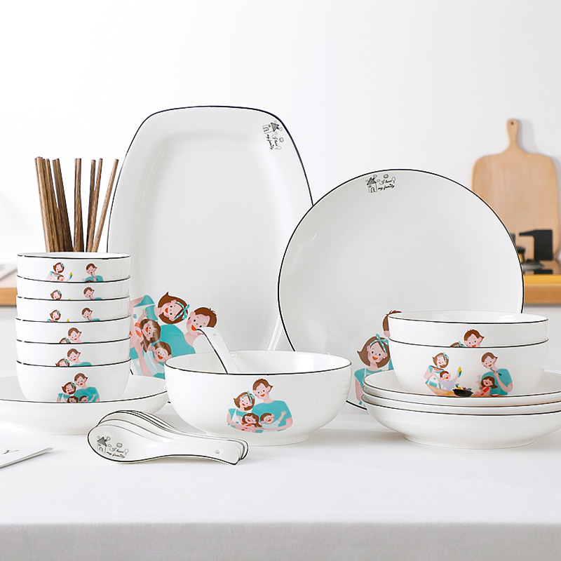 Happy family of European dishes suit web celebrity household ceramics tableware creative small and pure and fresh dishes spoon, chopsticks combination