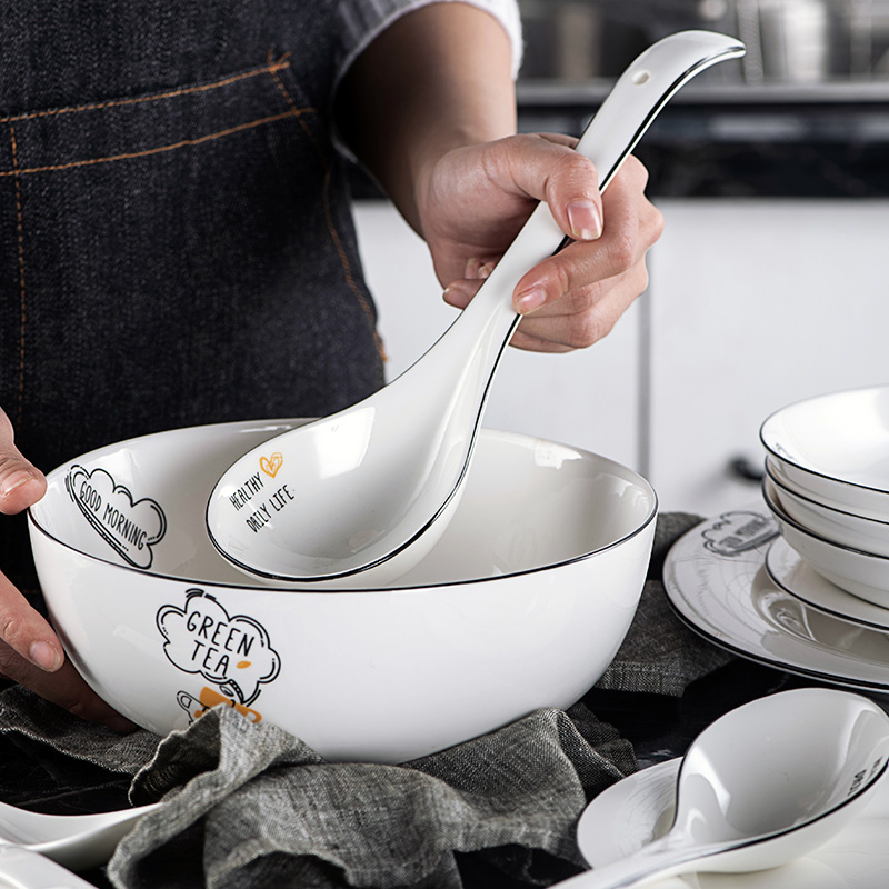 Long handle ceramic tablespoons of household hot pot porridge spoon run ramen noodles served porridge spoon, run out of large spoons wooden