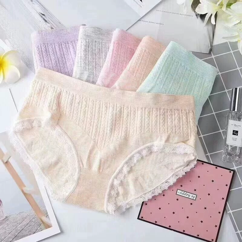 Wuyin phụ nữ màu sắc đồ lót cotton hộp quà tặng cao cấp 6 gói đồ lót cotton tam giác với viền ren nhà máy bán hàng trực tiếp - Eo cao