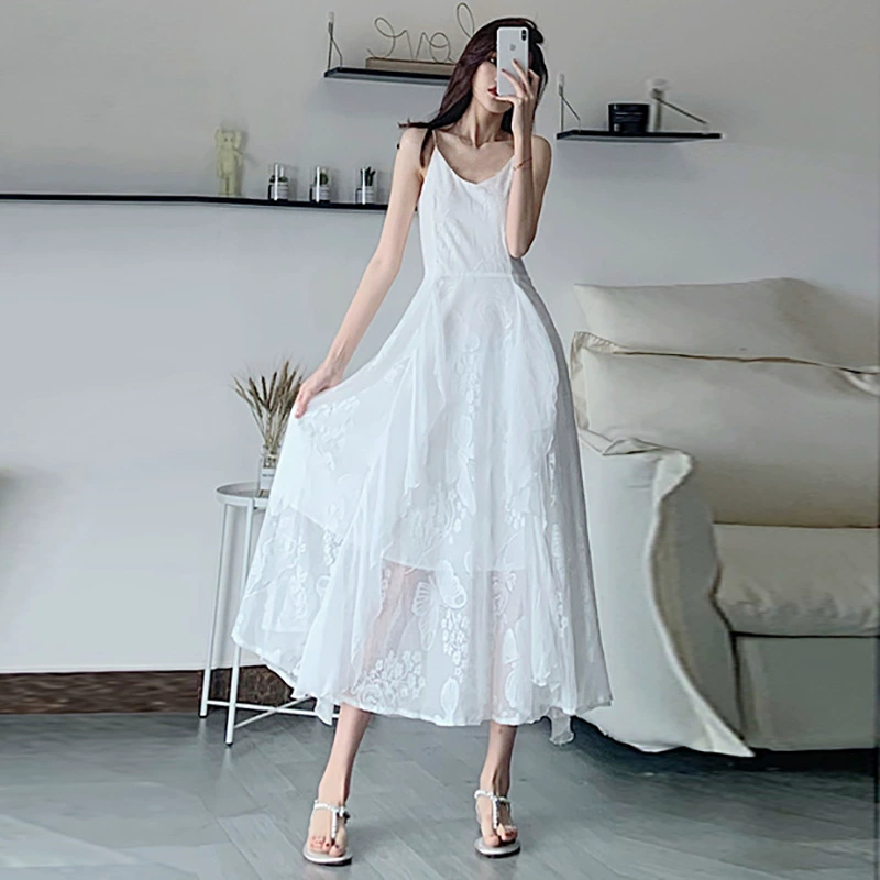 Váy trắng mùa hè nữ 2020 mới nhẹ nhàng ren gió cổ tích chic siêu cổ tích váy dài - Váy eo cao
