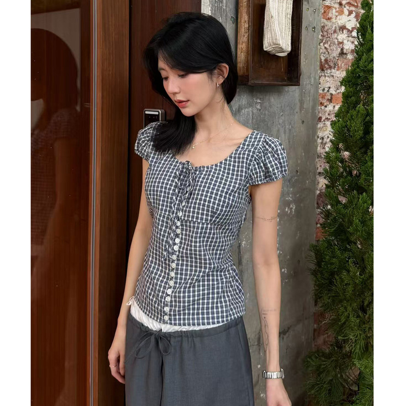 Aetherll Plaid Puff Sleeve Lace-Up Button-Down Shirt for Women, Summer Lightweight Versatile Everyday Style Top A1431
