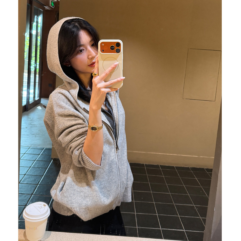 Aetherll Ultra-Fine Merino Sheep Wool Hooded Knitted Cardigan for Women, Autumn and Winter Loose Zipper Sweater Jacket