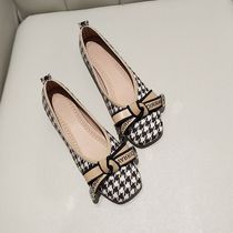 Flat Bottom Single Shoes Woman Shallow Mouth Bean Lefu Shoes Fairy Wind Softbottom Grandma Shoes Square Head Plaid Butterfly Knots Bean Shoes