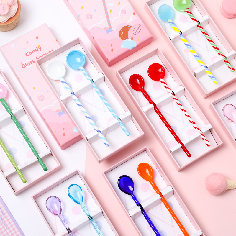 Colorful glass coffee spoon cute creative long handle juice ice cream dessert extended spoon personality long handle stirring spoon