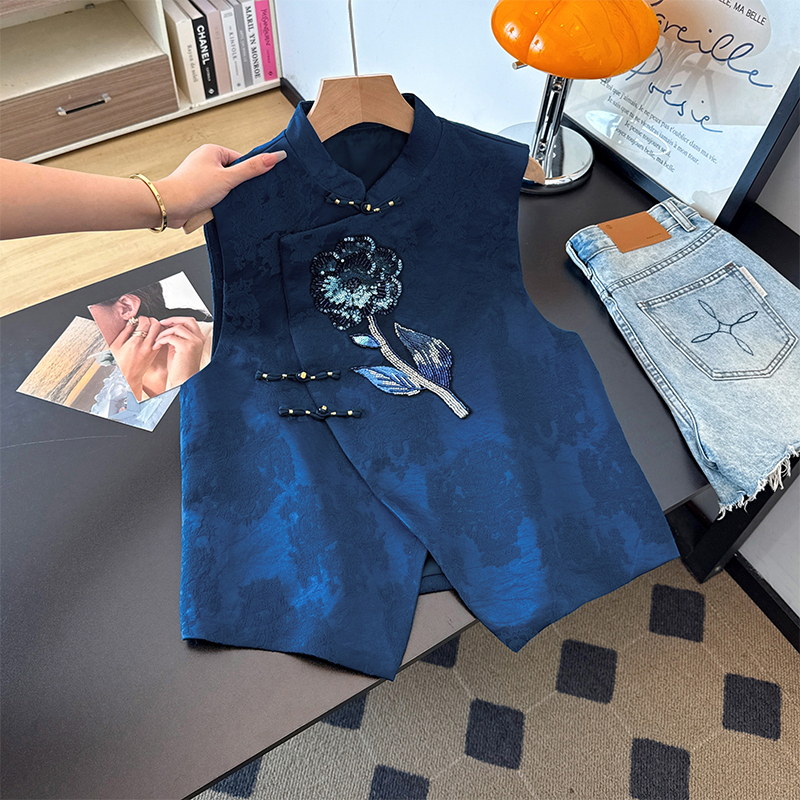 2026 New Chinese Style Blue Stand Collar Jacquard Vest for Women, Elegant Sleeveless Heavy Embroidery Vest, Chinese Style Embroidered Waistcoat 2026 New Chinese Style Blue Stand Collar Jacquard Vest for Women, Elegant Sleeveless Heavy Embroidery Vest, Chinese Style Embroidered Waistcoat
