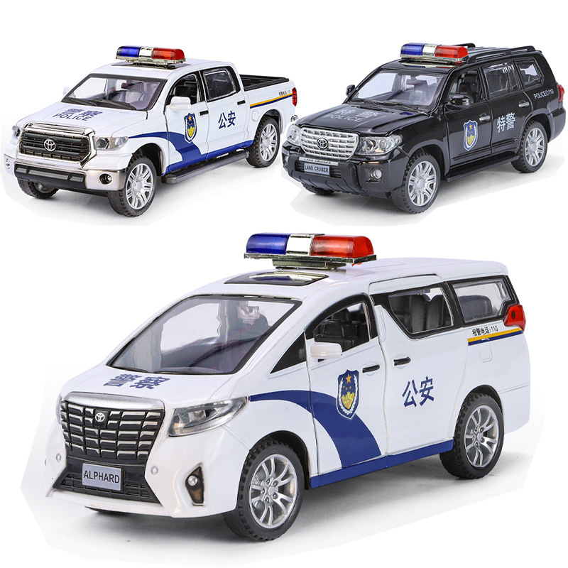 1/32 Toyota Tundra Alloy Police Car Model Alphard Van Land Cruiser Prado Pull-Back Sound and Light