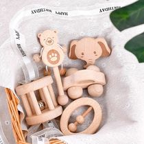 Infant and toddler male and female gifts wooden tasteless cartoon smooth soothing animal car rattle early education toy set