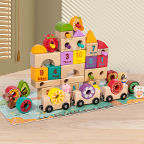 Wooden creative fruit train building blocks for children to learn numbers English cognition catch insects build and assemble educational toys