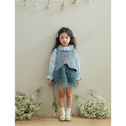 SonnyKids girls spring and summer petal collar long-sleeved shirt blue cake skirt tweed vest ສາມສິ້ນຊຸດ