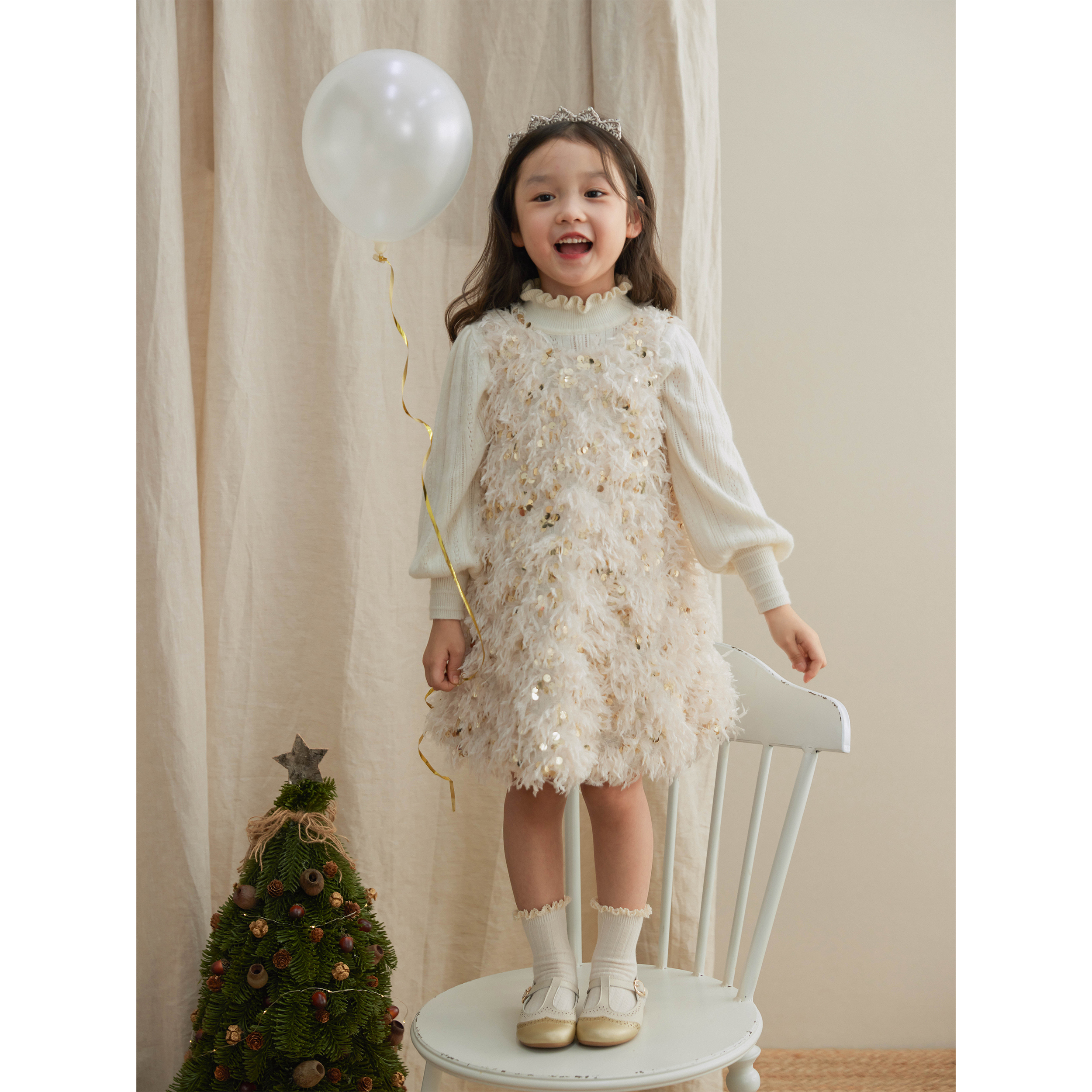 SonnyKids 2023 Girls Winter Feather sequins Princess Superior dress Skirt Flow Su Thickened Vest Dress-Taobao