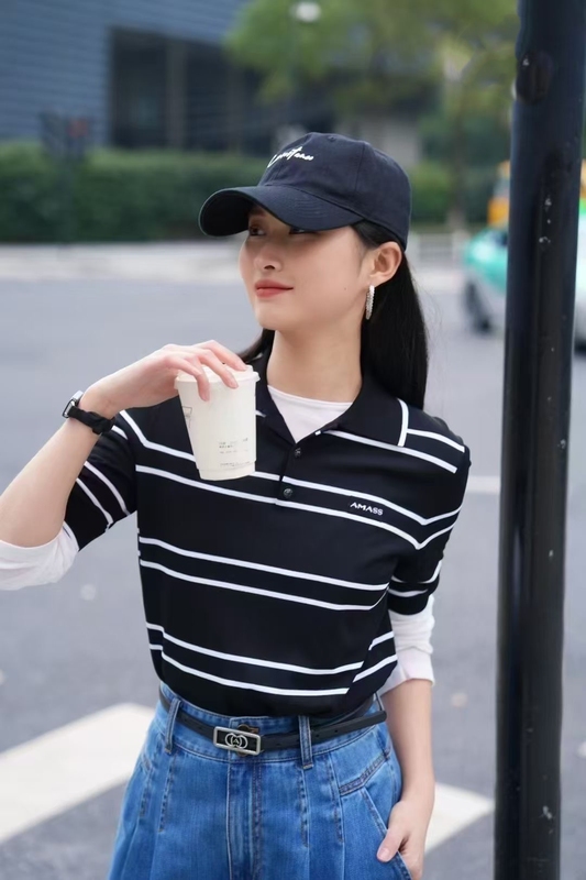 Ama's Same Style 2026 Spring/Summer New Classic Striped Ice Silk Short-Sleeve Polo Shirt Knit T-Shirt for Women 538009