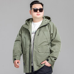 Large size men's spring and autumn work style hooded jackets, fertilizer, increase 300 pounds of fat, loose trench coat