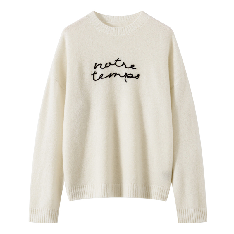 Cashmere Knit Sweater for Women, Loose Pullover Casual Wool Sweater with Embroidered Letters, Mid-Length Sweater for Autumn and Winter, White Cashmere Knit Sweater for Women, Loose Pullover Casual Wool Sweater with Embroidered Letters, Mid-Length Sweater for Autumn and Winter, White