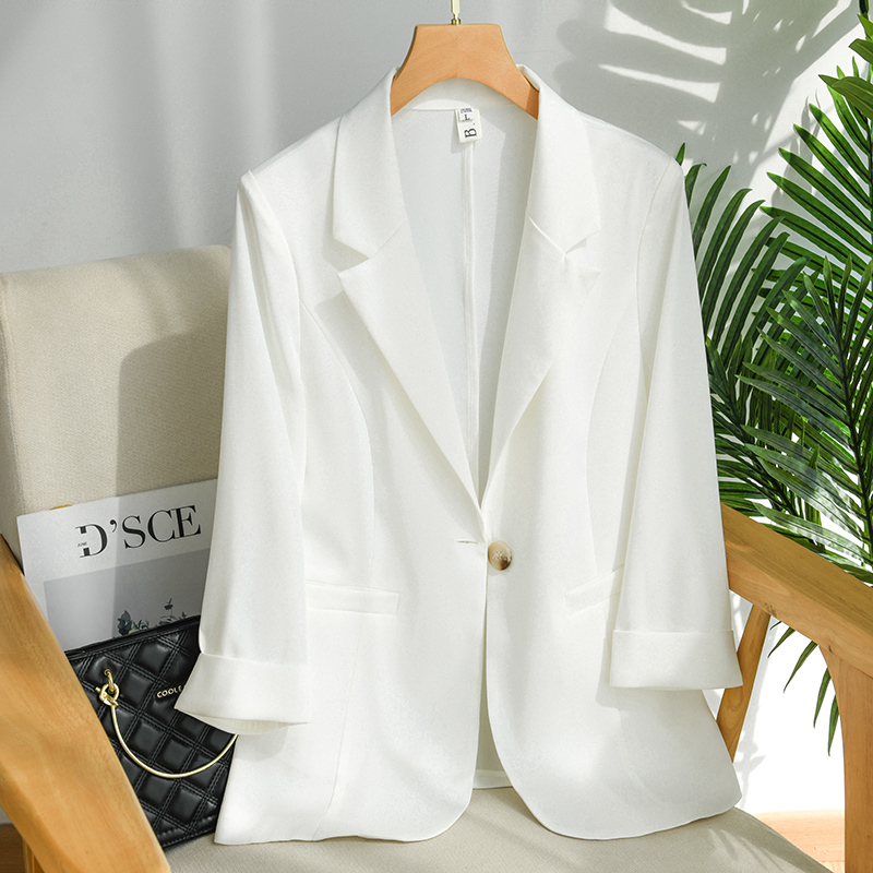 White Blazer for Women, Summer Thin Style, Triacetate Sun Protection Air-Conditioning Shirt, Three-Quarter Sleeves, Faux Silk Slim-Fit Suit