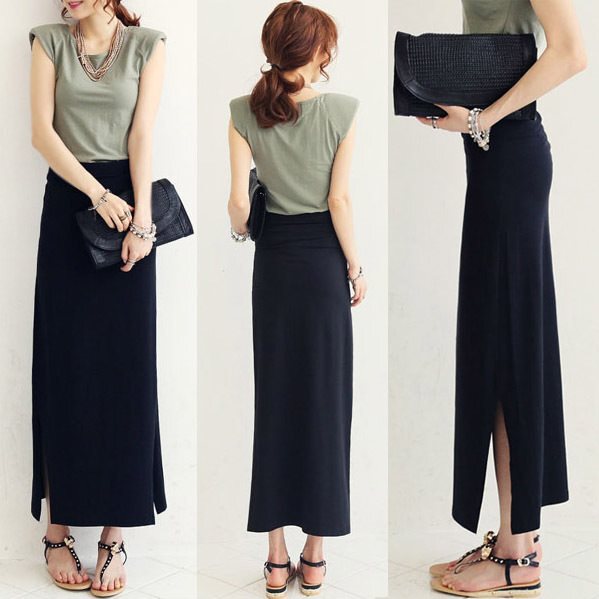 Black Long Skirt 2026 Spring/Summer Style with Double Side Slits, Bodycon Pencil Skirt, Modal Long Skirt, A-Line Skirt for Women Black Long Skirt 2026 Spring/Summer Style with Double Side Slits, Bodycon Pencil Skirt, Modal Long Skirt, A-Line Skirt for Women