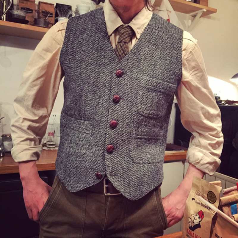 Mùa thu và mùa đông mẫu xương cá tweed Anh retro để tăng chất béo cha trung niên áo len phù hợp với nam quần ngắn