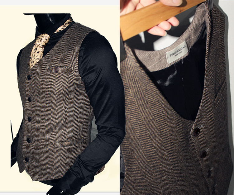 Autumn and Winter Thick Wool Herringbone British Retro Vest Plus Size Suit Vest Men's Slim Fit Workwear Groomsman
