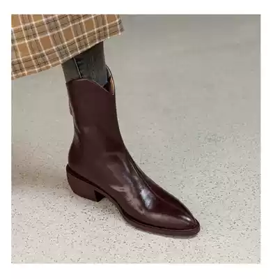 Martin boots female v mouth British retro Western boots leather thick heel pointed short boots slim single boots short tube riding boots