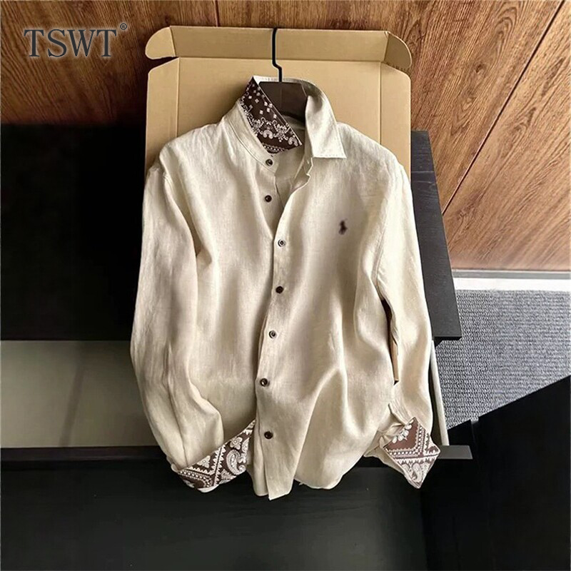 High-End Light Luxury Old Money Style Patterned Linen Shirt for Men, New Spring and Autumn Color-Blocked Printed Embroidered Long-Sleeved Shirt High-End Light Luxury Old Money Style Patterned Linen Shirt for Men, New Spring and Autumn Color-Blocked Printed Embroidered Long-Sleeved Shirt