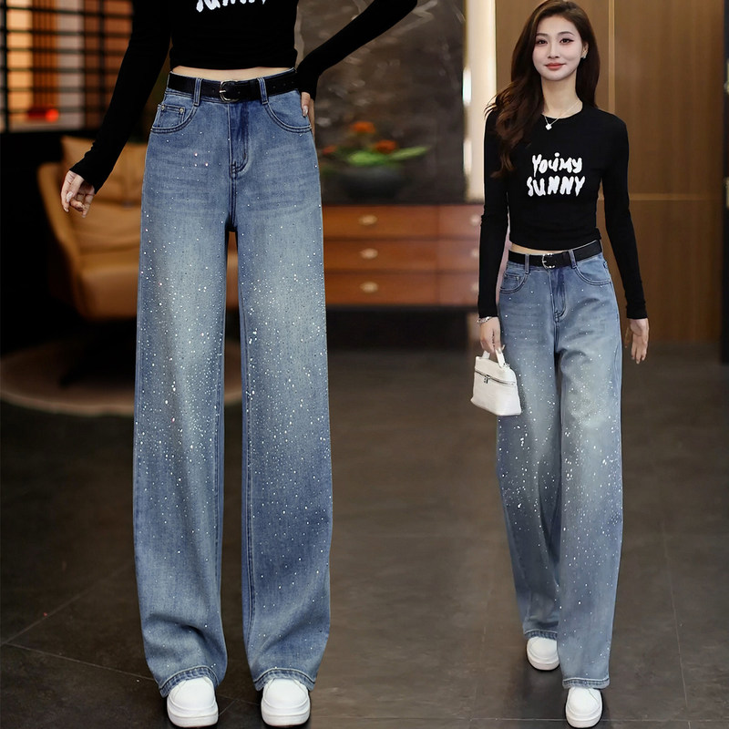 Light Blue Full Rhinestone Straight-Leg Jeans for Women, Spring and Autumn 2026, Super Popular Hot Rhinestone Pants, High-Waisted Narrow Wide-Leg Pants