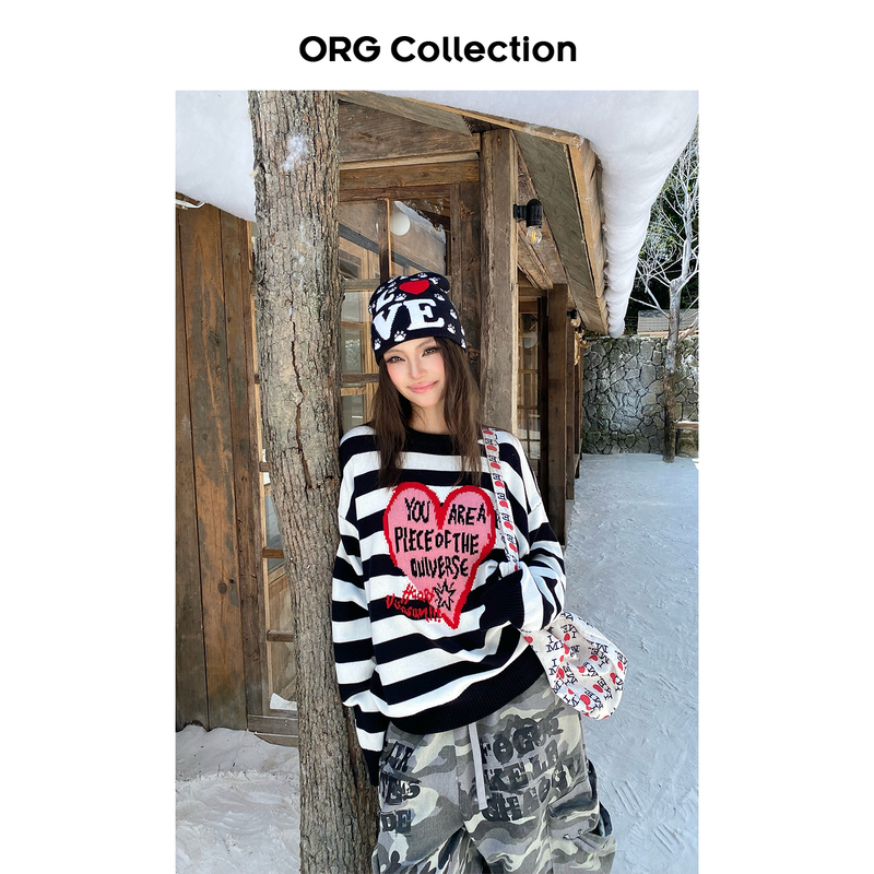Org Collection Design Striped Heart Jacquard Knit Sweater for Men and Women, Loose and Versatile for Autumn and Winter Org Collection Design Striped Heart Jacquard Knit Sweater for Men and Women, Loose and Versatile for Autumn and Winter