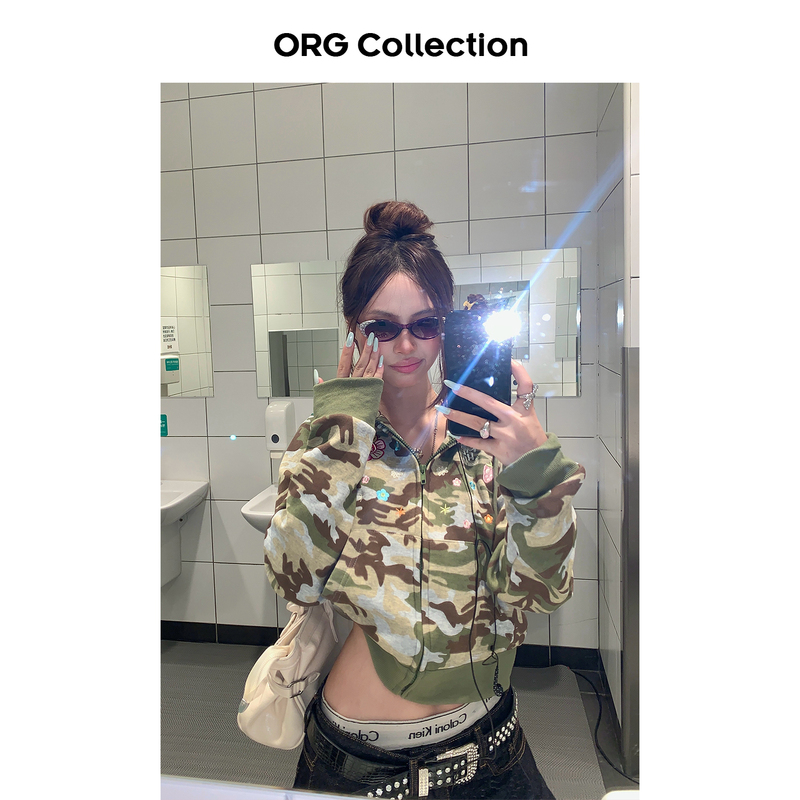 Org Collection American-Style Short Camouflage Jacket for Women, Autumn Loose Embroidered Chic Trendy Brand Sweatshirt for Men