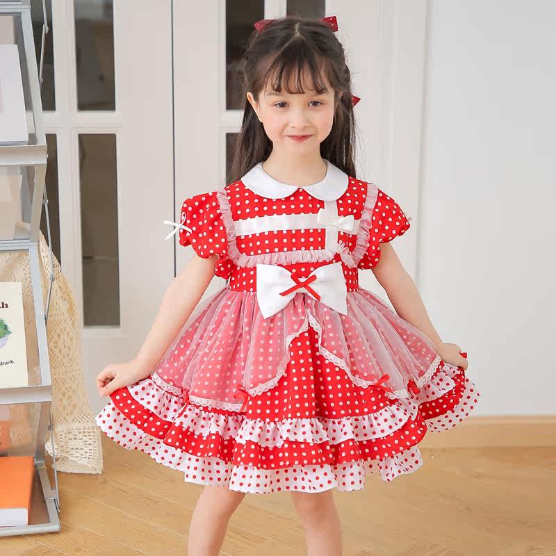 2022 Summer Red Pordot Roleita Princess Dress Girl Foreign Dress Short Sleeve Lolita Fluffy Dress Gown