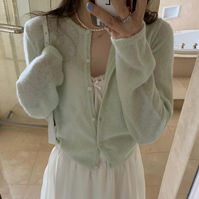 Korean Versatile Casual Green Long-Sleeve Knitted Cardigan with Bow Embroidery on the Back, New Style for Women