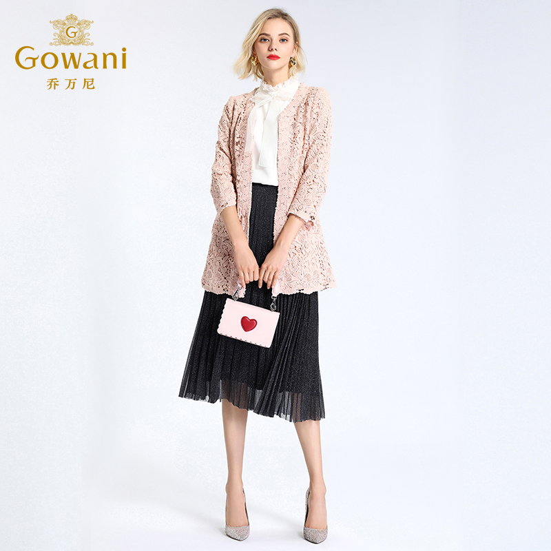 Giovanni mùa thu váy Vòng Collar Cardigan màu hồng ngọt mùa thu-Tuổi ren Slim Trench Coat nữ trung-Length