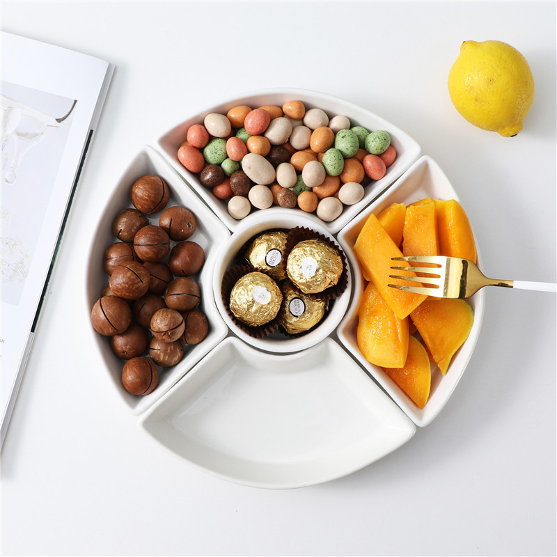 Ceramic Snack Platter Five-Piece Set Japanese-Style Dessert Plate Fan-Shaped Divided Plate Dried Fruit Plate Fruit Plate Cold Dish Plate