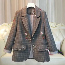 Fat mm foreign style small suit womens spring new fat plus size display thin fried street suit plaid jacket 200 Jin