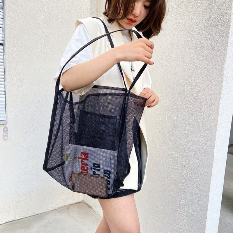 Swimming Pack New Ins Wind Transparent Mesh Yarn Single Shoulder Beach Bag Light 100 Hitch Shopping Bag Travel Hand Big Bag-Taobao