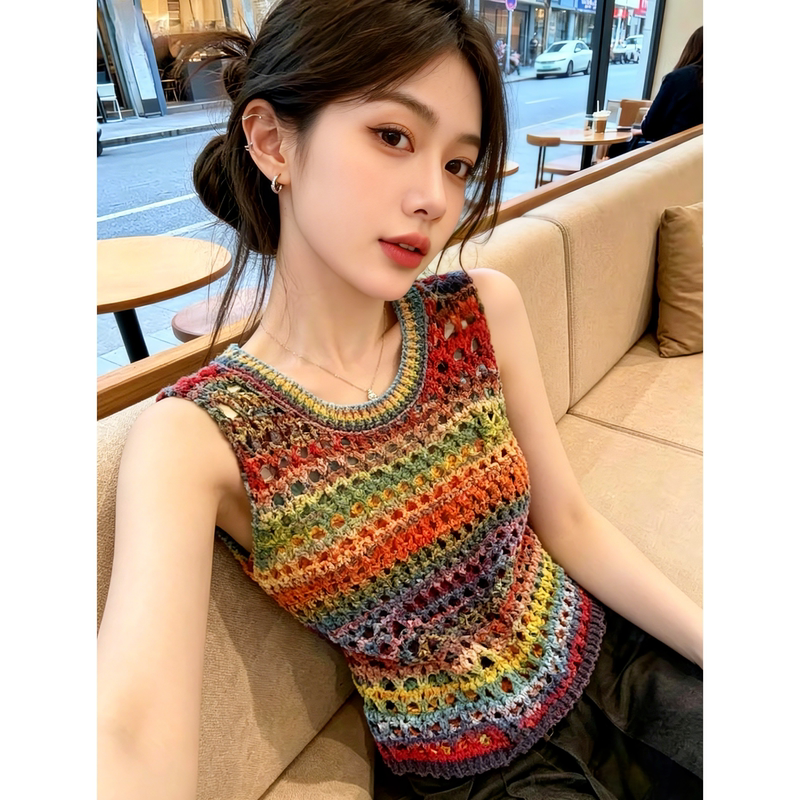 Recommended for Personal Collection~ Dopamine Rainbow Striped Hollow-Out Knitted Vest for Women, New Summer Style, Fashionable and Age-Reducing Cover-Up