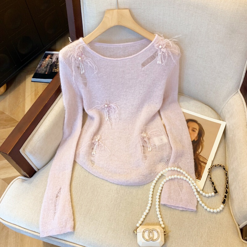 The Store Has Withdrawn the Cut-Label French-Style Gentle and Elaborate Hollow-Out Long-Sleeve Knit Top for Women, a New Summer Design Top